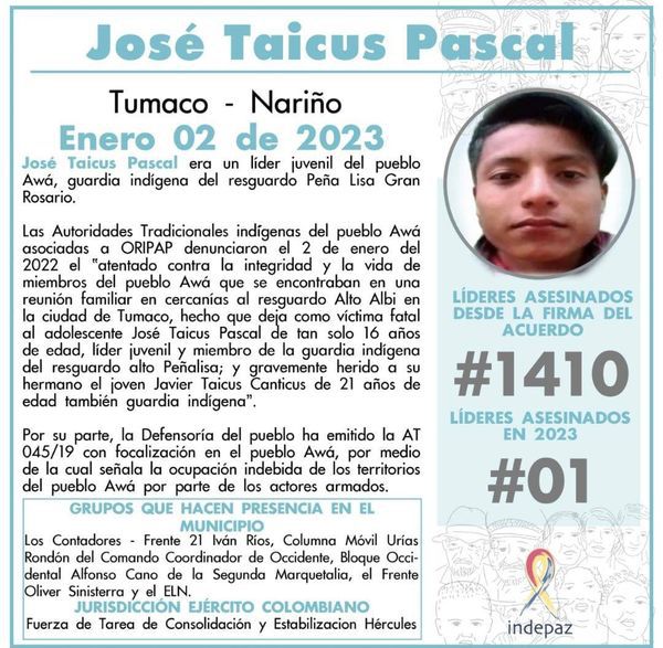 Primer Líder asesinado en 2022: Líder indígena juvenil del pueblo Awá fue asesinado a sus 16 años de edad