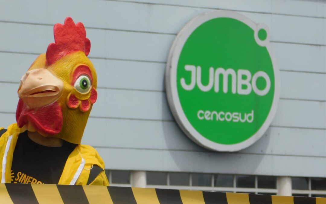 Envuelven reconocido supermercado con cinta de peligro para pedir que deje de vender huevos de gallinas enjauladas